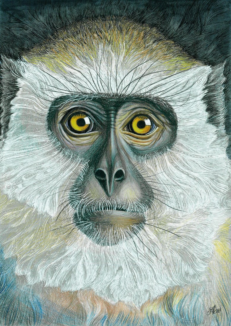 Lesya Larionova (Ukraine,20/21C) mixed media painting: ARTIST: Lesya Larionova (Ukrainian, 20/21 centuries) TITLE: Monkey MEDIUM: mixed media on heavy paper CONDITION: Very good. ART SIZE: 12 x 8 inches / 30