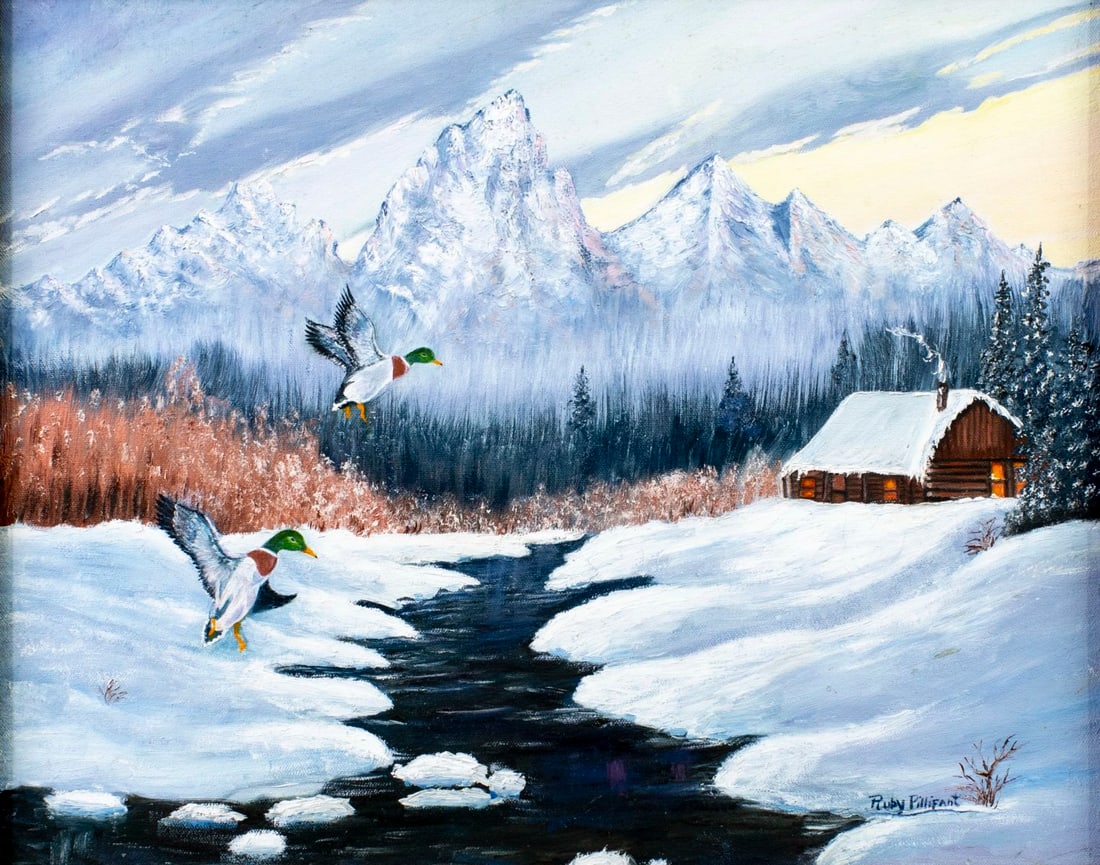 Ruby Pillifant (US,20C) oil painting: ARTIST: Ruby Pillifant (American, 20 century) TITLE: Flying Mallard Ducks MEDIUM: oil on canvas CONDITION: Missing a few flakes of paint. Some craquelure. No visible inpaint
