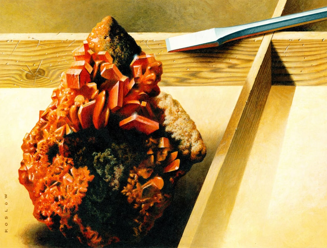 Howard Koslow (NJ,NY,1924-2016) oil painting: ARTIST: Howard Bertram Koslow (New Jersey, New York, 1924 - 2016) TITLE: Minerals - Wulsenite YEAR: 1992 MEDIUM: oil on board CONDITION: Minor damage to