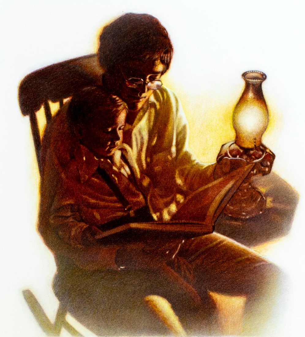 Steven Carter (US,20C) oil painting: ARTIST: Steven Carter (American, 20 century) TITLE: Father and Son Reading Book YEAR: 1979 MEDIUM: oil on board CONDITION: Minor damages to corners. <