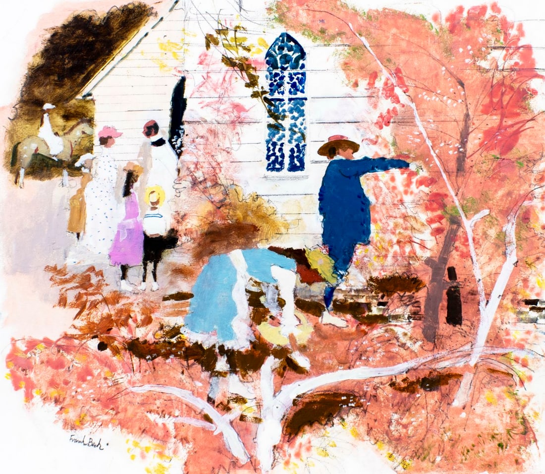 Frank Beck (Australia,1916-1986) gouache painting: ARTIST: Frank Beck (Australian, 1916 - 1986) TITLE: Church (titled on verso) YEAR: 1981 MEDIUM: gouache on board CONDITION: Some small damages to corners