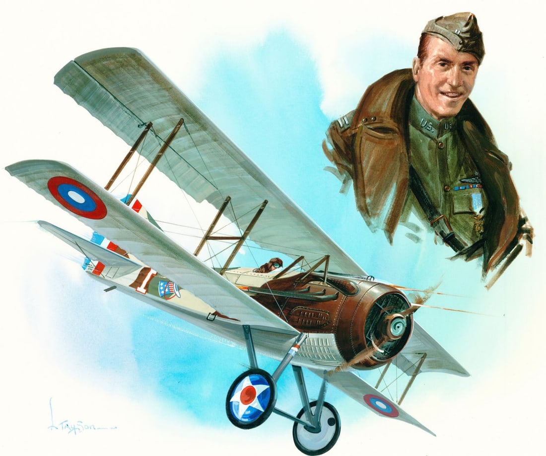 Lyle Tayson Sr (WY,1924-2014) gouache painting: ARTIST: Lyle Tayson Sr (Wyoming, 1924 - 2014) TITLE: Illustration - Pilot Eddie Rickenbacker MEDIUM: gouache on board CONDITION: Some small damages to corners. Some foxing (