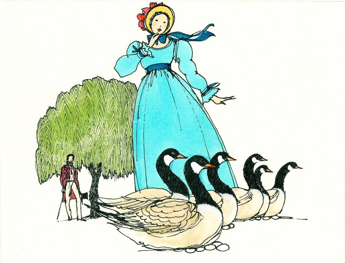 Eric Stemp (UK,1924-?) watercolor painting: ARTIST: Eric Stemp (United Kingdom, 1924 - ???) TITLE: Illustration - Twelve Days of Christmas Bells, Six Geese (titled on verso) YEAR: 1980 MEDIUM: watercolor on paper. Pap