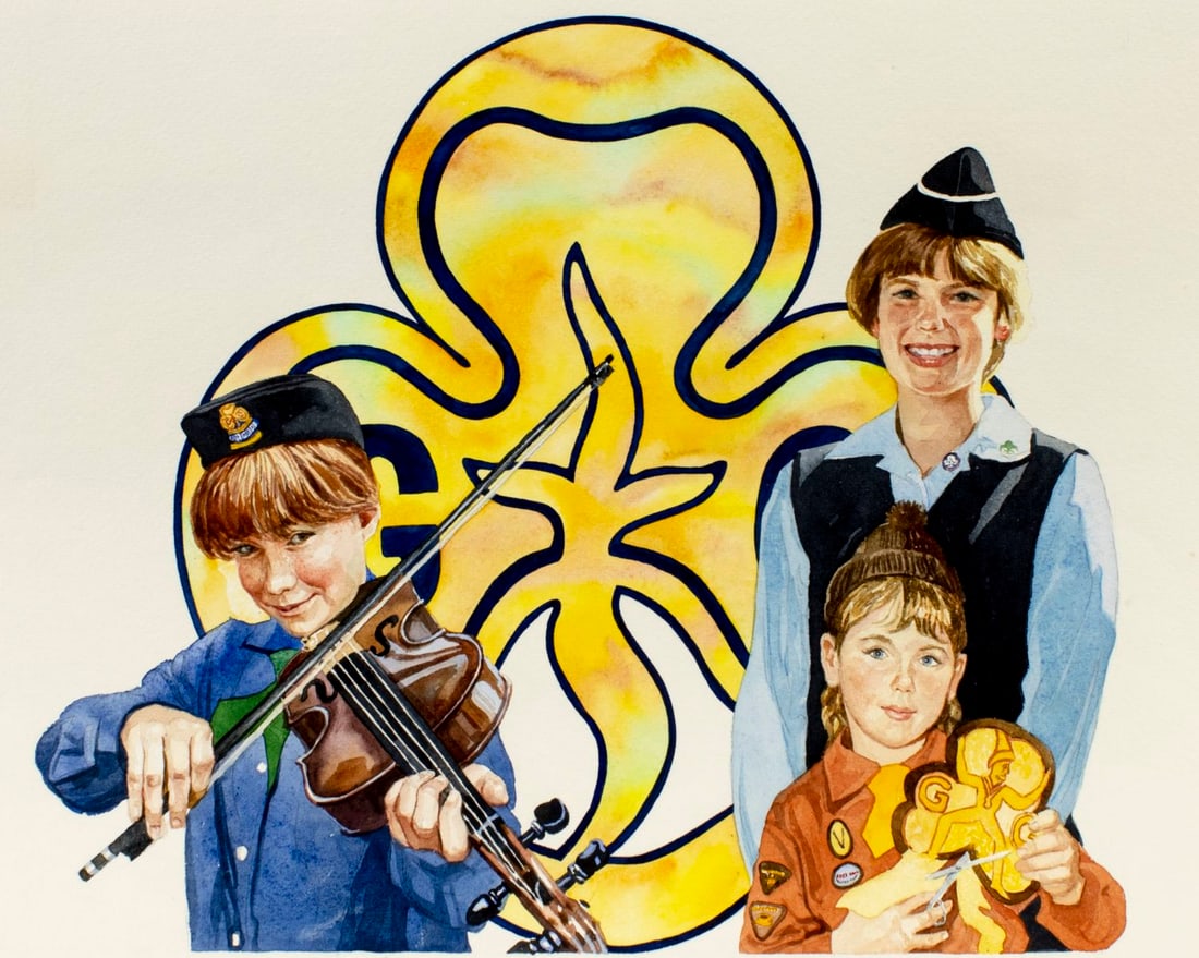 Brian Sanders (UK,b 1937) watercolor painting: ARTIST: Brian Sanders (United Kingdom, born 1937) TITLE: Illustration - Girl Guides Association (titled on label) YEAR: 1981 MEDIUM: watercolor on paper CONDITION