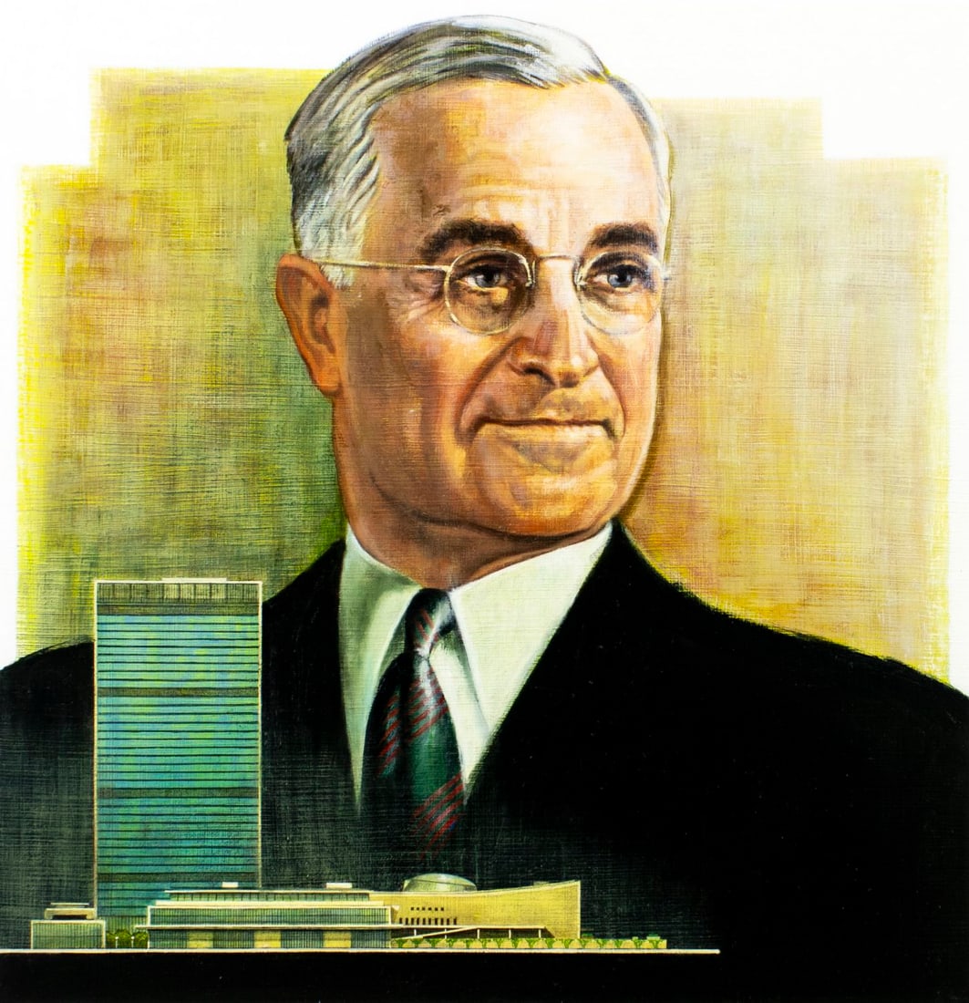 David Stone (OR,1922-2001) oil painting: ARTIST: David Karl Stone (Oregon, 1922 - 2001) TITLE: 33rd US President - Harry S. Truman YEAR: 1985 MEDIUM: oil on board CONDITION: Minor damages to cor