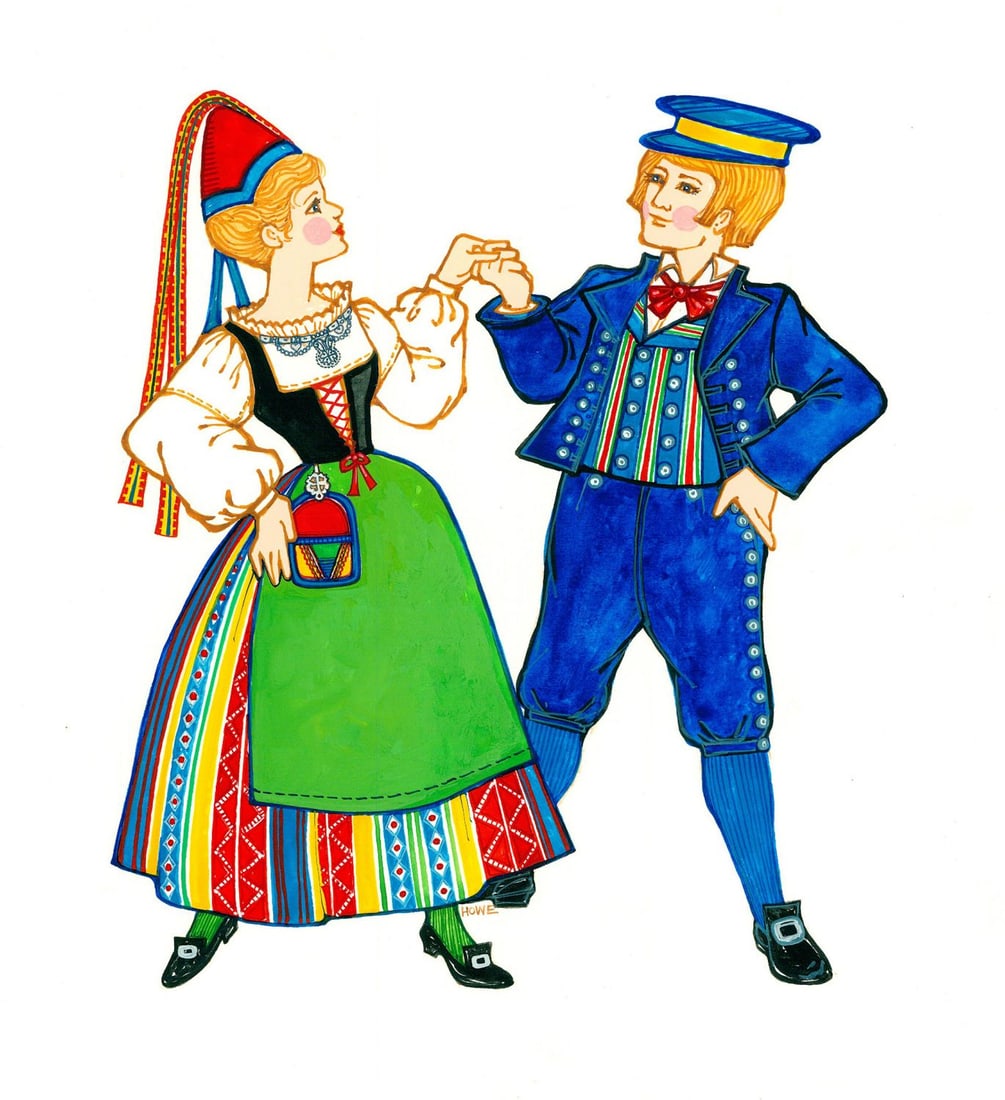 Marsha K Howe (PA,NY,CO,20C) gouache painting: ARTIST: Marsha K Howe (Pennsylvania, New York, Colorado, 20 century) TITLE: Europa Folklore Costumes - Finland YEAR: 1981 MEDIUM: gouache on heavy paper CONDITION