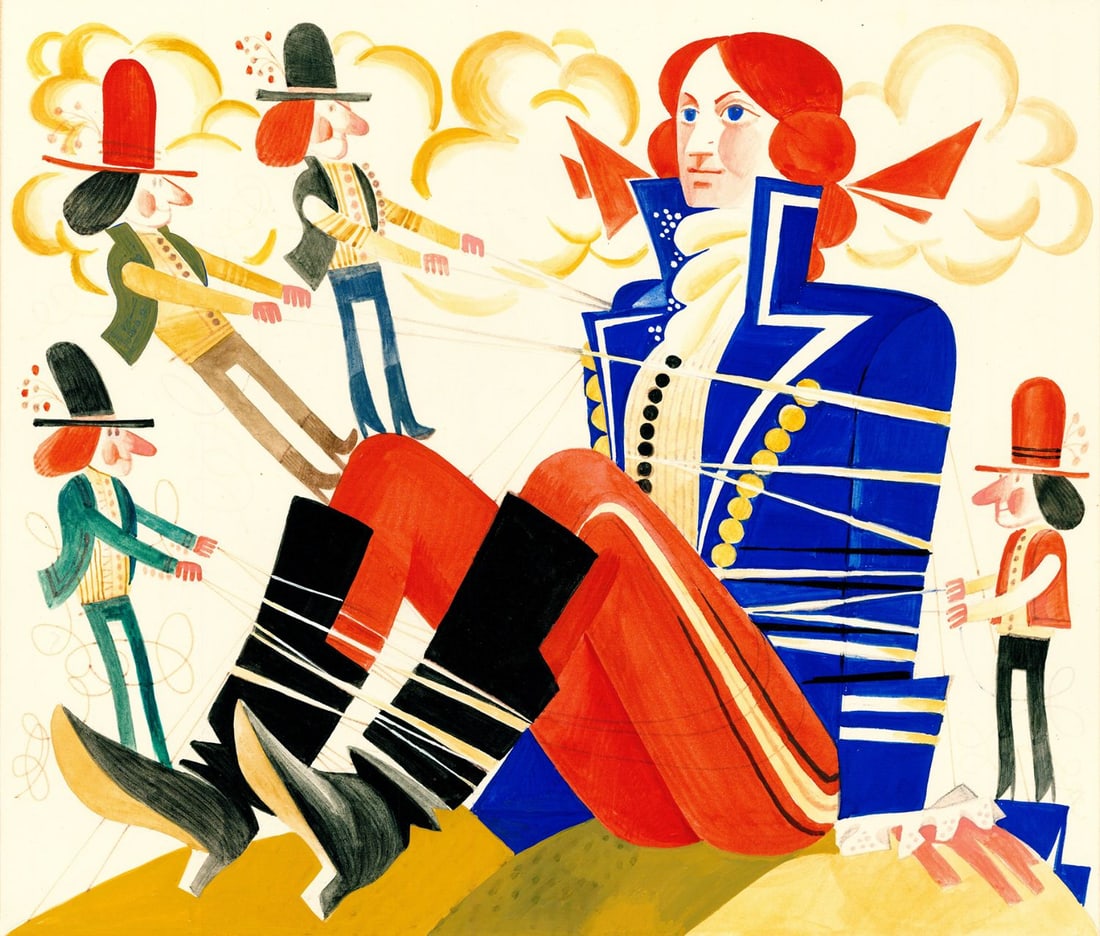 Janos Kass (Hungary,Germany,1927-2010) gouache painting: ARTIST: Janos Kass (Hungarian, German, 1927 - 2010) TITLE: Gulliver's Travels MEDIUM: gouache on paper. Paper applied to board. CONDITION: Some age toning. ART SI