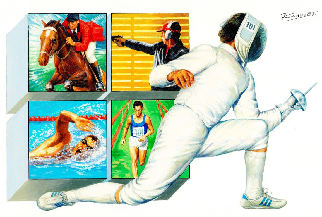 Gherman Komlev (Russia,1933-2000) oil painting: ARTIST: Gherman Alexeyevich Komlev (Russian, 1933 - 2000) TITLE: Sport - Olympics 1992 - Pentathlon YEAR: 1991 MEDIUM: oil on canvas. Canvas applied to board. CON