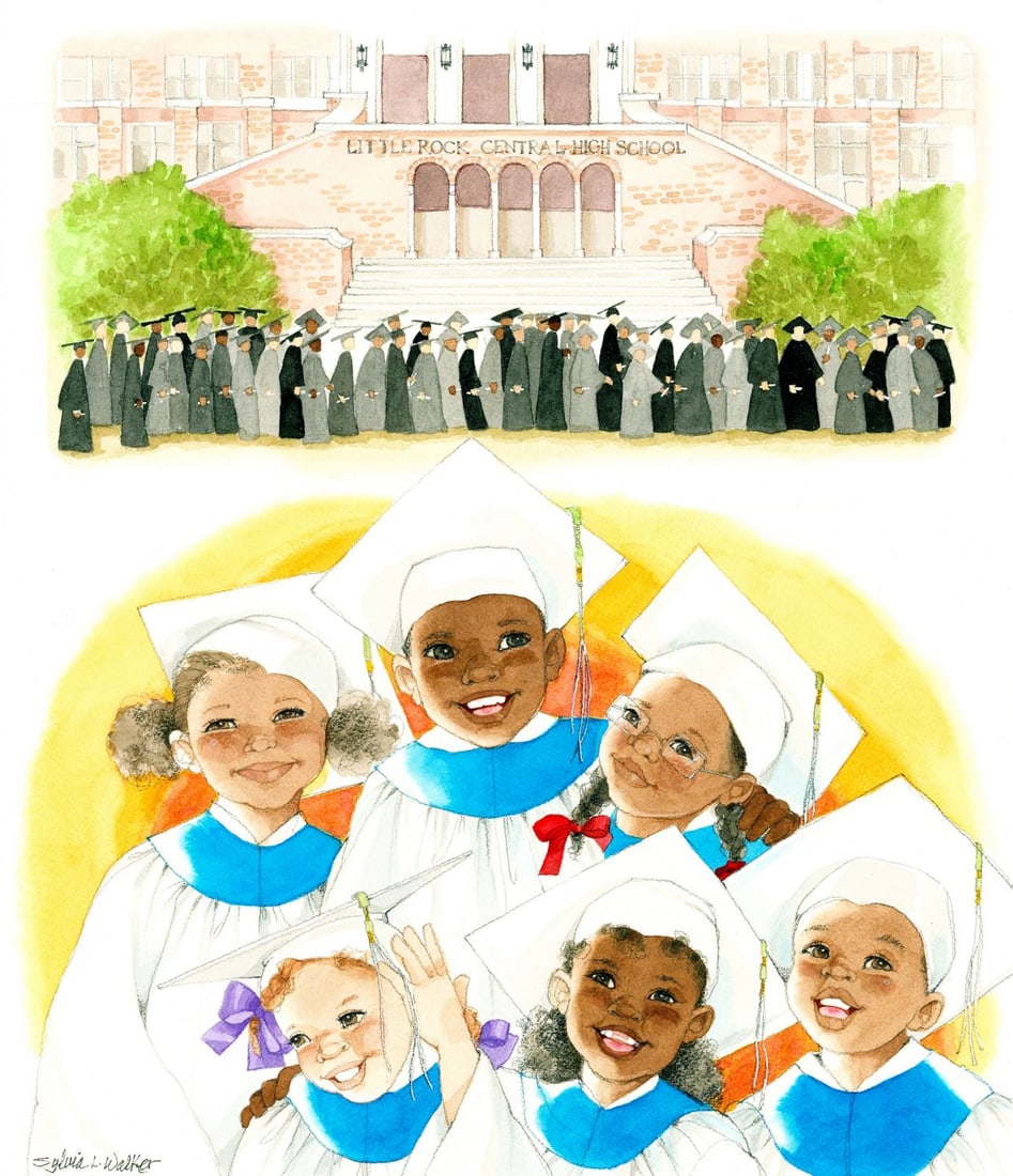 Sylvia L Walker (PA,20/21C) watercolor painting: ARTIST: Sylvia L Walker (Pennsylvania, 20/21 centuries) TITLE: 1957 Little Rock Nine YEAR: 2005 MEDIUM: watercolor on heavy paper CONDITION: Very good.