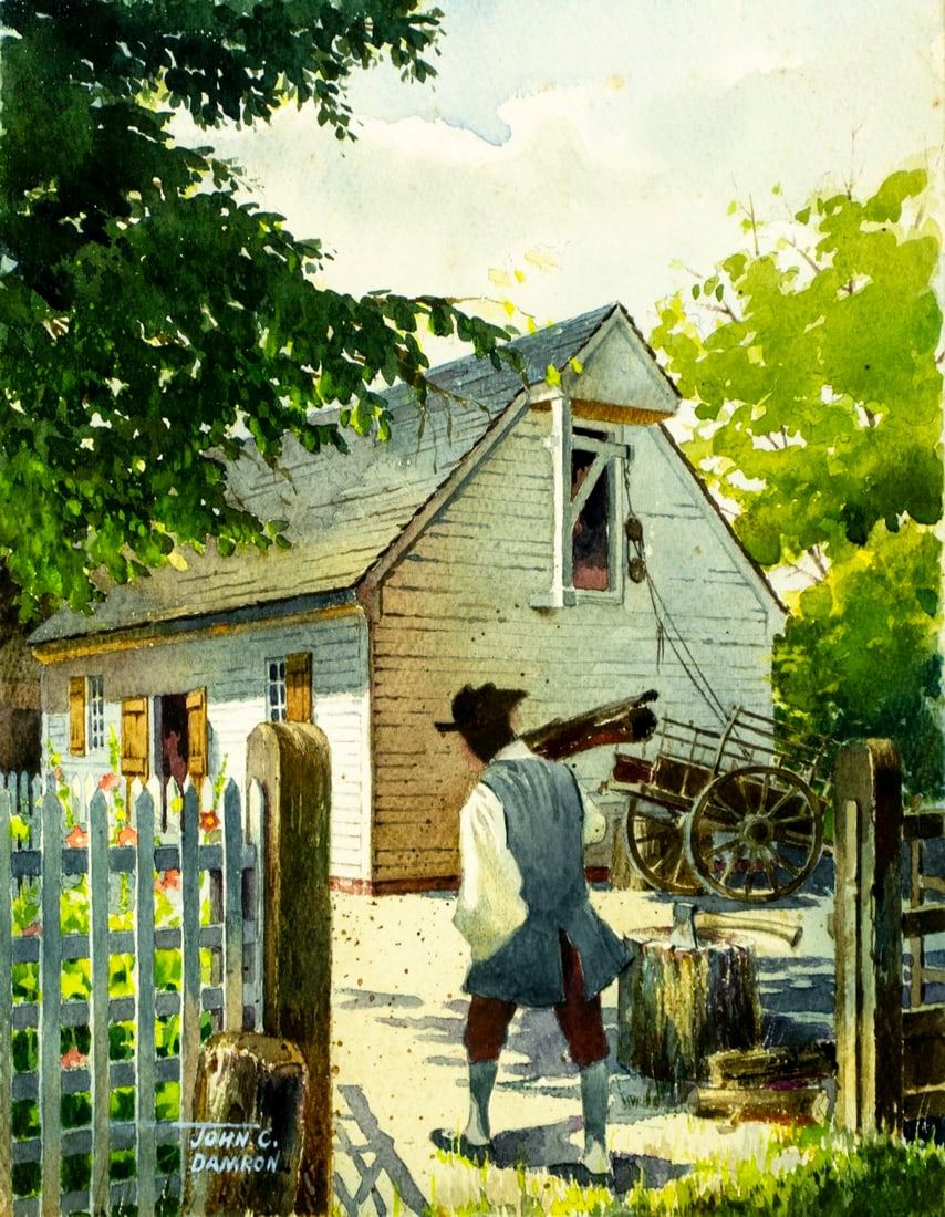 John Damron (NJ,1903-1989) watercolor painting: ARTIST: John Clarence Damron (New Jersey, 1903 - 1989) TITLE: Man Carrying Wood by Farmhouse MEDIUM: watercolor on paper. Paper applied to board. CONDITION: Minor age toning