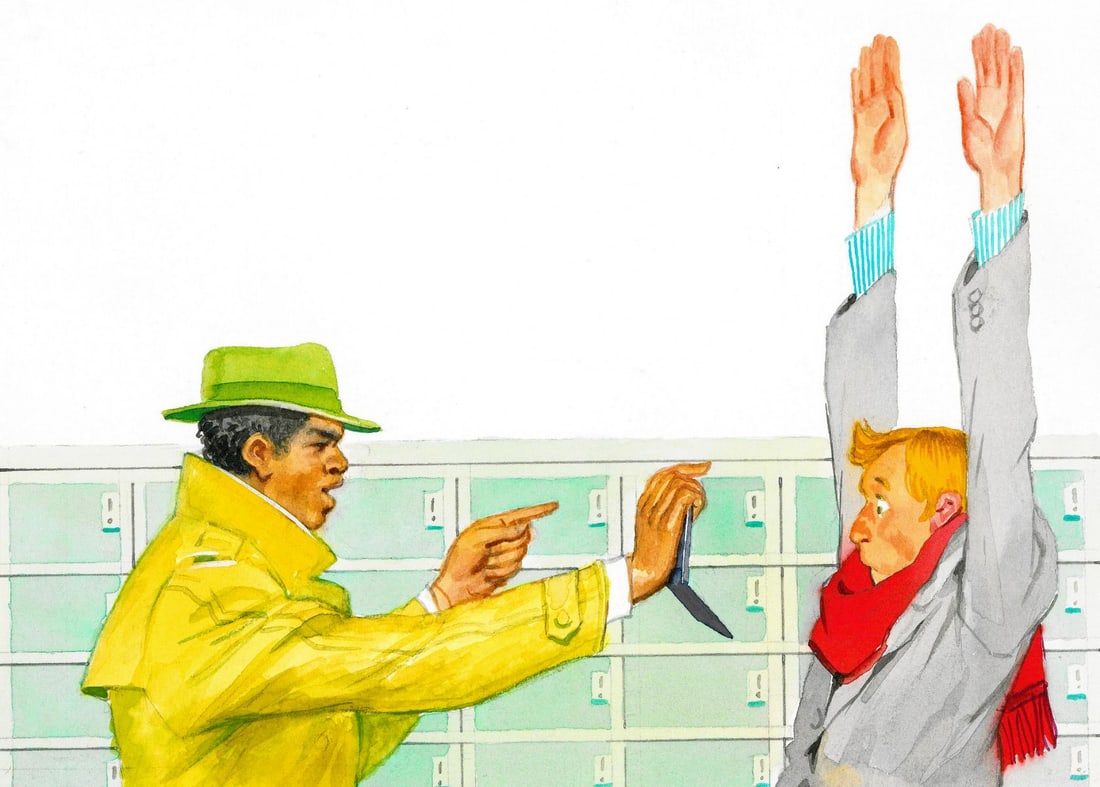 Alex Bloch (US,20C) watercolor painting: ARTIST: Alex Bloch (American, 20 century) TITLE: Hands Up MEDIUM: watercolor on heavy paper CONDITION: Minor age toning. ART SIZE: 5 x 7 inches / 13 x 18