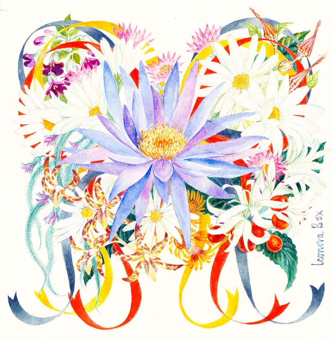 Leonora Box (UK,1936-?) watercolor painting: ARTIST: Leonora Box (United Kingdom, 1936 - ???) TITLE: Flowers - Kenya YEAR: 1981 MEDIUM: watercolor on board CONDITION: Minor damages to corners. Minor