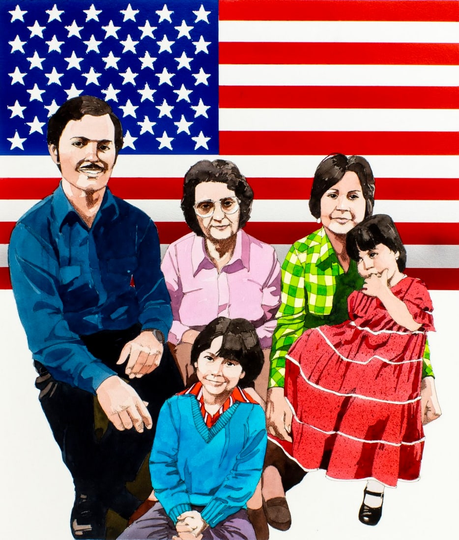 Dick Simms (US,1932-?) watercolor painting: ARTIST: Dick Simms (American, 1932 - ???) TITLE: Hispanic Americans (titled on verso) YEAR: 1984 MEDIUM: watercolor on board CONDITION: Overall good.