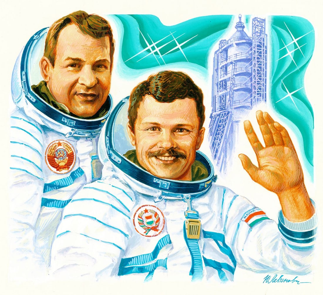 Yury Levinovsky (Russia,1933-2008) gouache painting: ARTIST: Yury Konstantinovich Levinovsky (Russian, 1933 - 2008) TITLE: Illustration - Cosmonauts YEAR: 1981 MEDIUM: gouache on paper. Paper applied to board. CONDI
