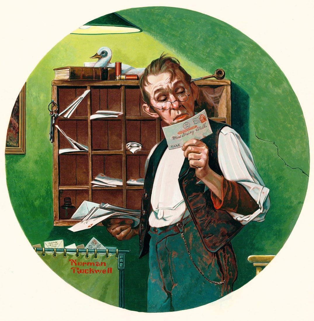 AFTER Norman Percevel Rockwell (NY,MA,1894-1978) oil painting: ARTIST: AFTER Norman Percevel Rockwell (New York, Massachusetts, 1894 - 1978) TITLE: Postmaster YEAR: 1981 MEDIUM: oil on paper. Paper applied to board. CONDITION