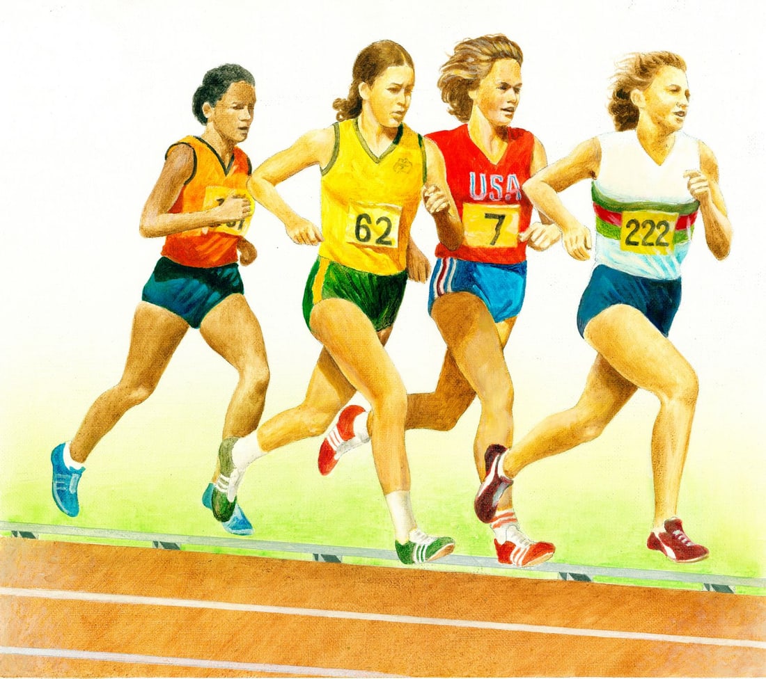 Ross Goode (Australia,20C) oil painting: ARTIST: Ross Goode (Australian, 20 century) TITLE: Moscow Olympics 1980 - Running YEAR: 1980 MEDIUM: oil on canvas board CONDITION: Very good. No visible