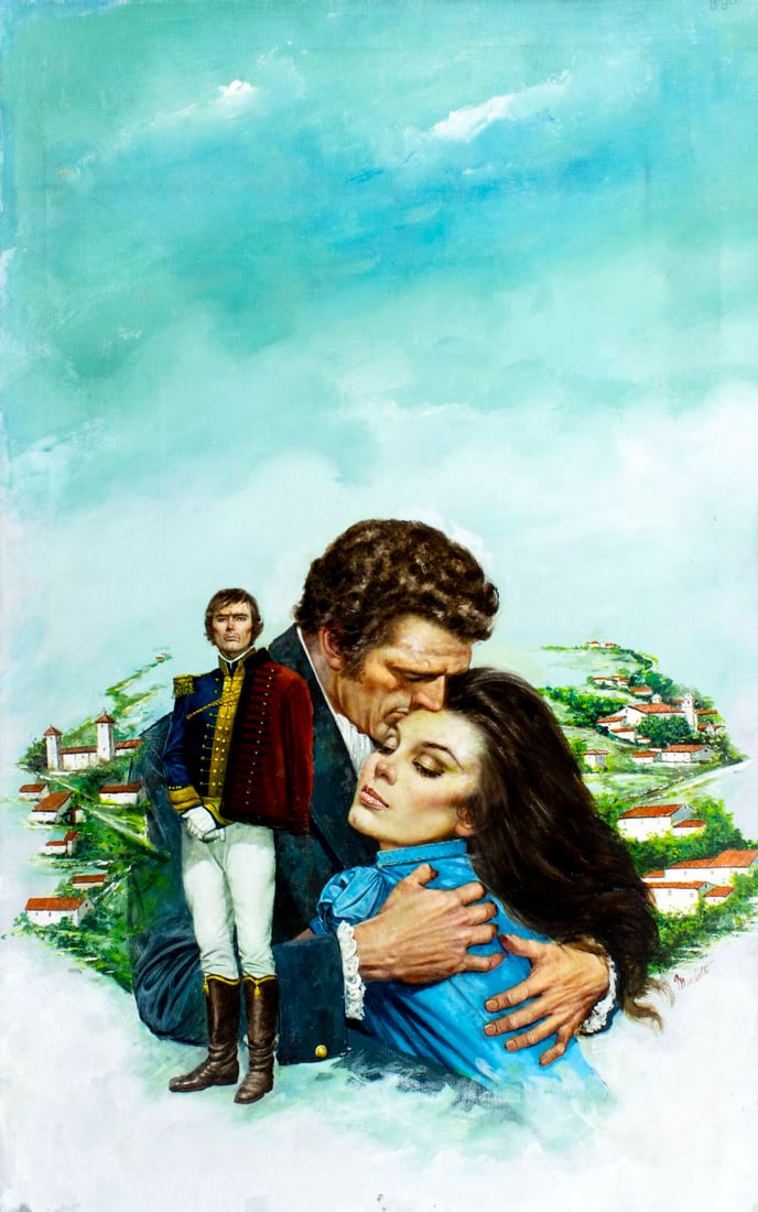 Lou Marchetti (NY,Italy,1920-1992) oil painting: ARTIST: Lou Marchetti (New York, Italian, 1920 - 1992) TITLE: Historical Romance Illustration MEDIUM: oil on canvas CONDITION: Few small scratches/paint losses. Few nail hol