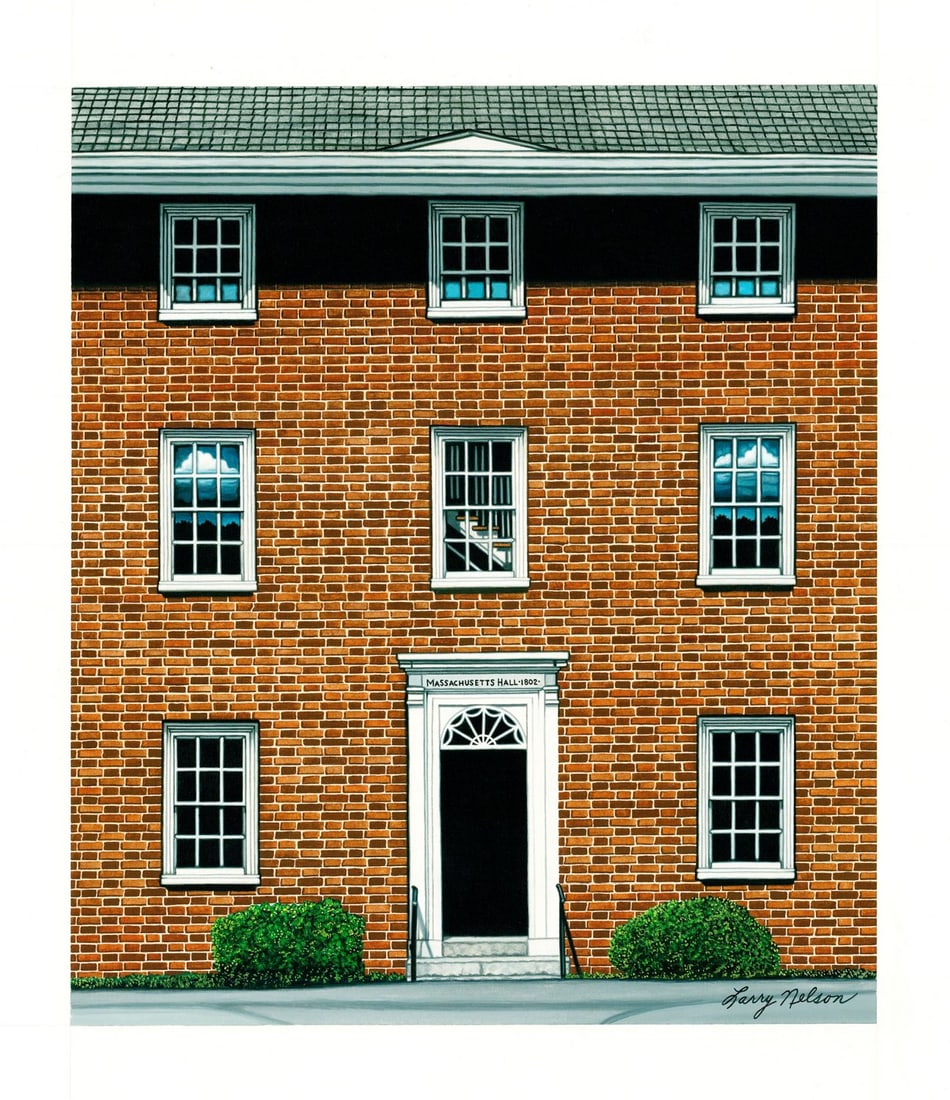 Larry Nelson (NJ,20C) watercolor painting: ARTIST: Larry Nelson (New Jersey, 20 century) TITLE: Illustration - Massachusetts Hall - Bowdoin College YEAR: 1993 MEDIUM: watercolor on board CONDITION: