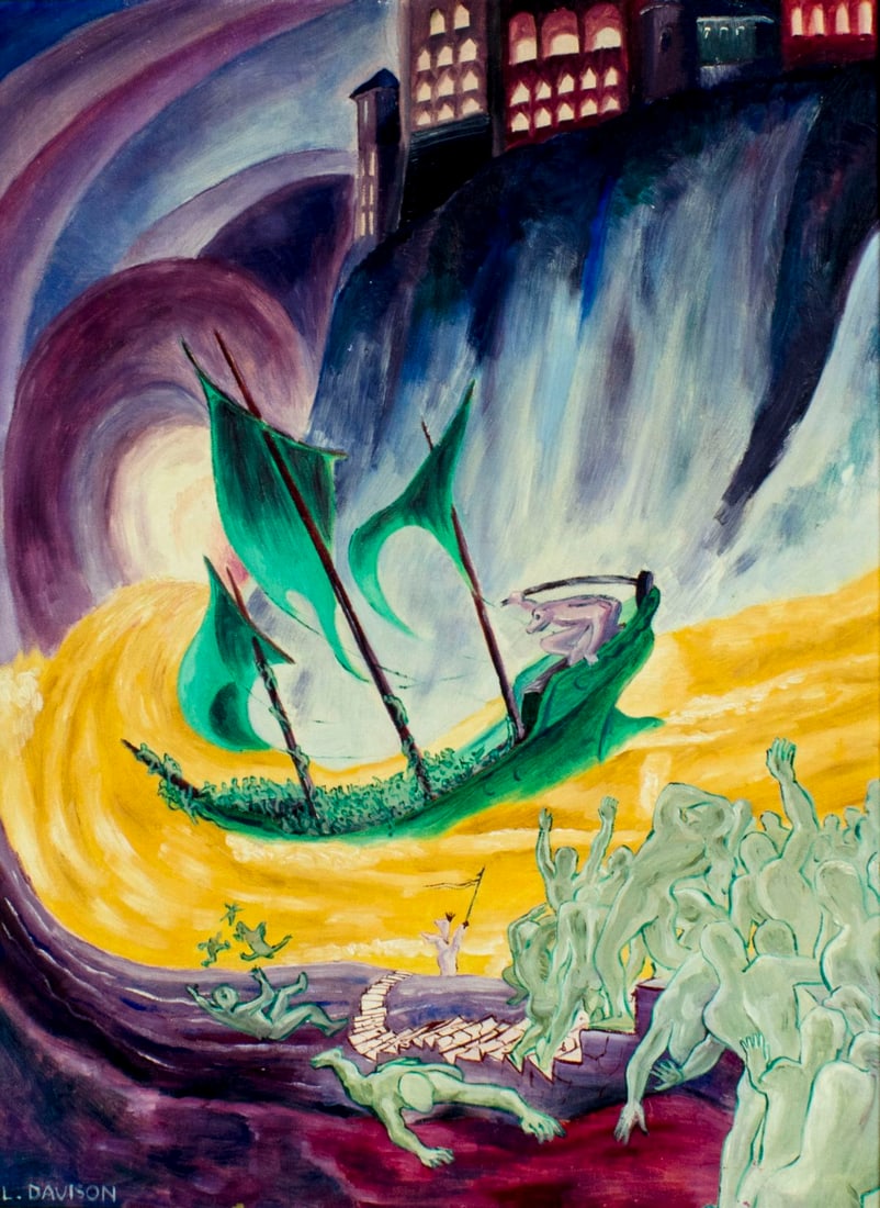 Louis Davison (MS,1948-1981) oil painting: ARTIST: Louis Clay Davison (Mississippi, 1948 - 1981) NAME: Illustration - Crossing The Styx (titled on verso) YEAR: 1955 MEDIUM: oil on canvas board CONDITION: Very good