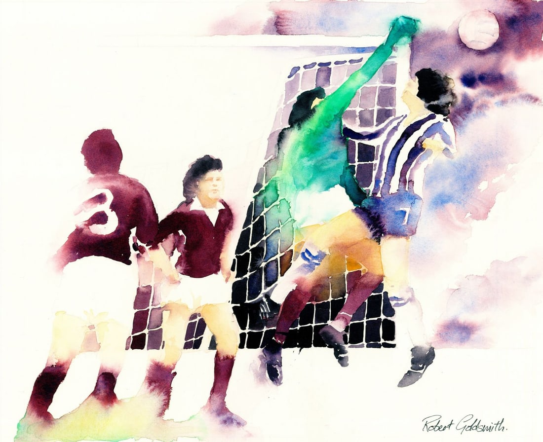 Robert S Goldsmith (UK,20C) watercolor painting: ARTIST: Robert S Goldsmith (United Kingdom, 20 century) TITLE: Sport - Football YEAR: 1980 MEDIUM: watercolor on board CONDITION: Some minor damage to th