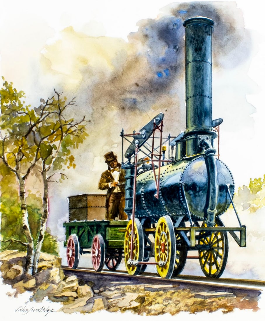 John Swatsley (CA,1937-?) watercolor painting: ARTIST: John Swatsley (California, 1937 - ???) TITLE: Stourbridge Lion Locomotive Train (titled on verso) YEAR: 1986 MEDIUM: watercolor on board CONDITION: