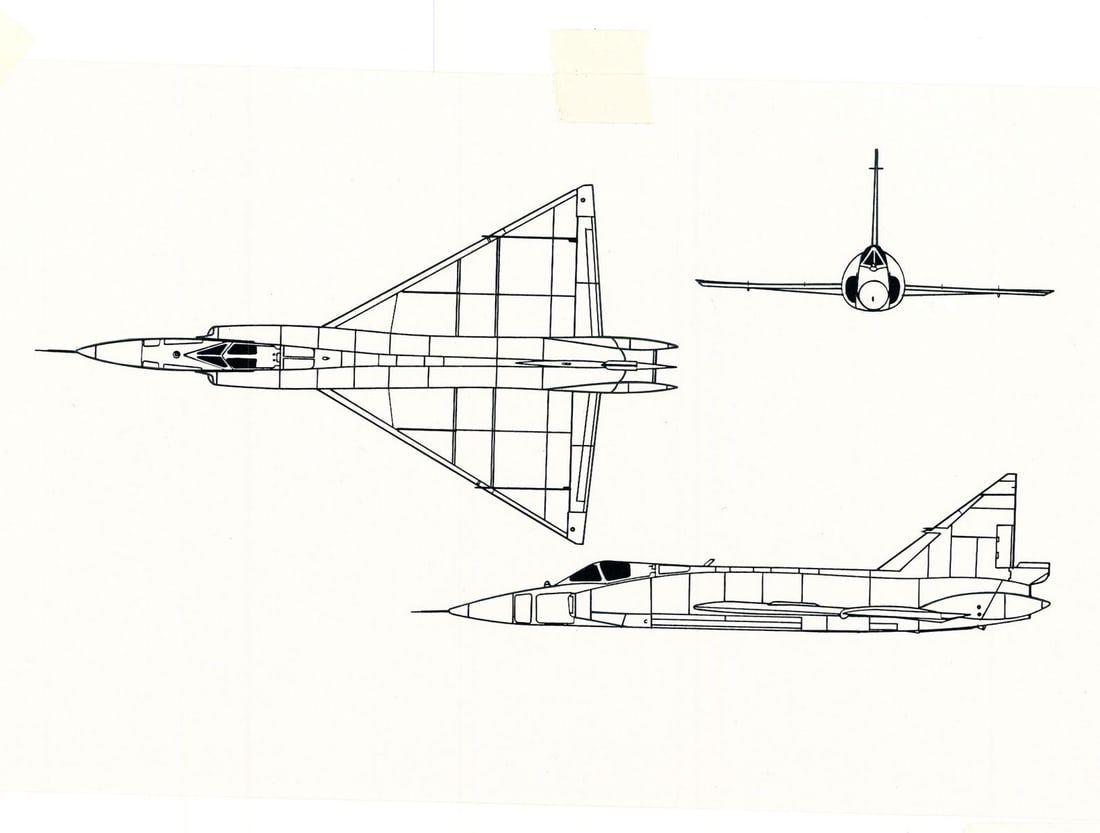 Joseph S Howanski (US,20C) ink painting: ARTIST: Joseph S Howanski (American, 20 century) TITLE: Plane - Convair F-102 Delta Dagger YEAR: 1993 MEDIUM: ink on paper. Paper applied to board. CONDITION: