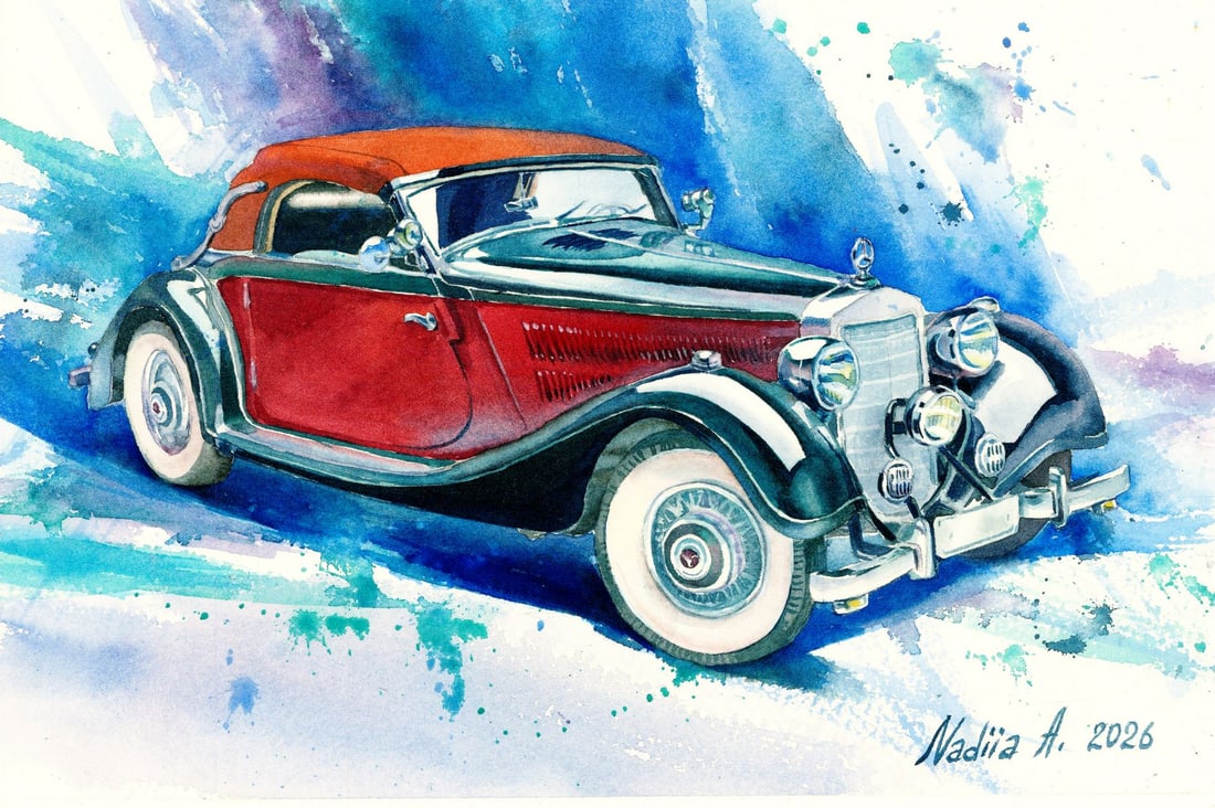 Nadya Afanasyenko (Ukraine,20/21C) watercolor painting: ARTIST: Nadya Afanasyenko (Ukrainian, 20/21 centuries) TITLE: Classic Car MEDIUM: watercolor on heavy paper CONDITION: Very good. ART SIZE: 8 x 12 inches
