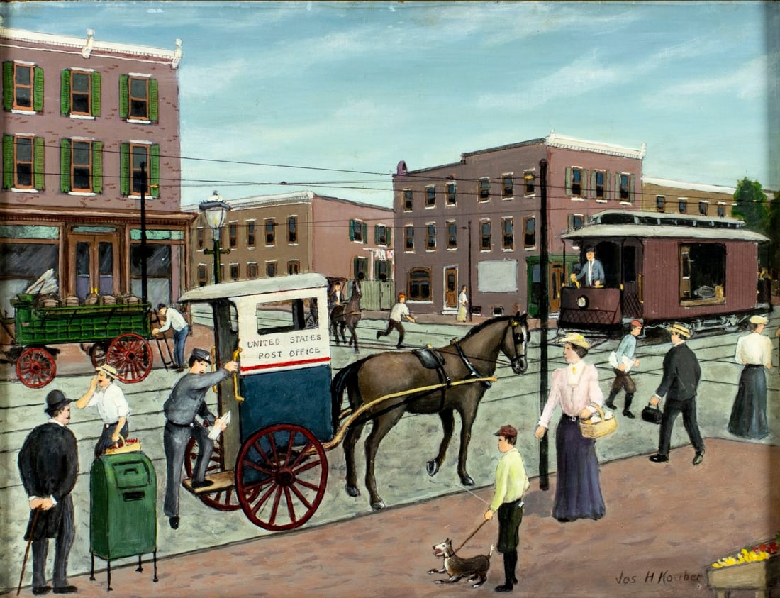 Joseph Koerber (MD,mid 20C) oil painting: ARTIST: Joseph H Koerber (Maryland, mid 20 century) TITLE: Baltimore Cityscape, MD MEDIUM: oil on board CONDITION: Few small scratches/paint losses. No visible inpaint under
