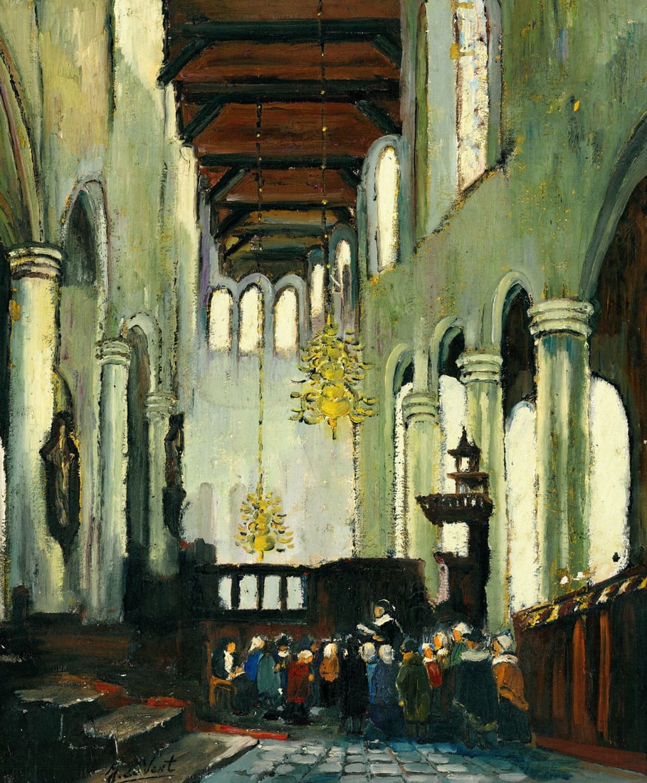 J DuVent (Europe,20C) oil painting: ARTIST: J DuVent (European, 20 century) TITLE: Church Interior Scene MEDIUM: oil on canvas CONDITION: Unstretched (In-House stretching available). Some paint losses (see pic