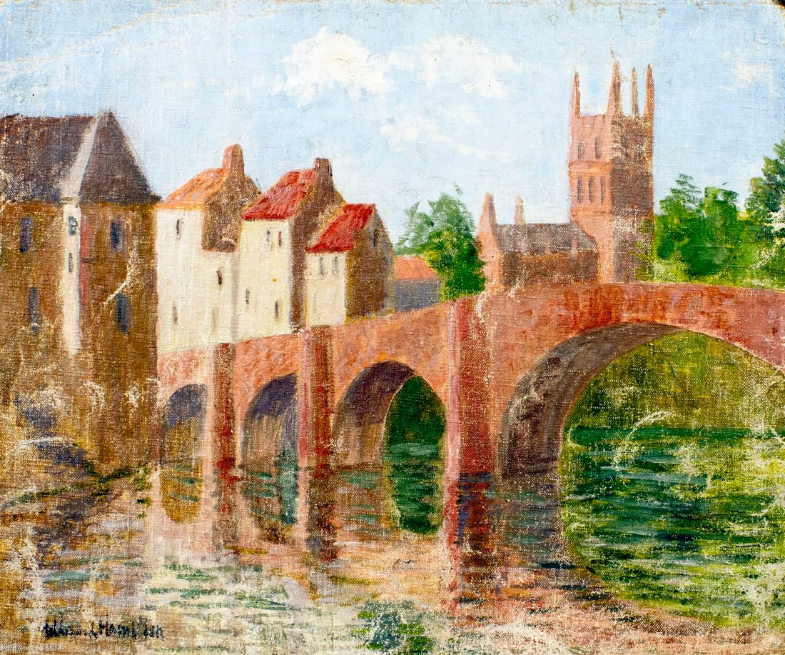 Hildegarde Hamilton (FL,VA,1898-1970) oil painting: ARTIST: Hildegarde Hume Hamilton (Florida, Virginia, 1898 - 1970) TITLE: Bridge Cityscape, Wye, UK MEDIUM: oil on canvas CONDITION: Unstretched (In-House stretching availabl
