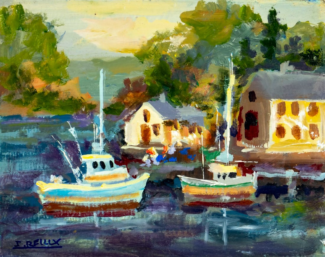 John Reilly (NY,NJ,1942-2021) oil painting: ARTIST: John Reilly (New York, New Jersey, 1942 - 2021) TITLE: Harbor Scene with Boats MEDIUM: oil on board CONDITION: Some small damage to the right edge. No visible inpain