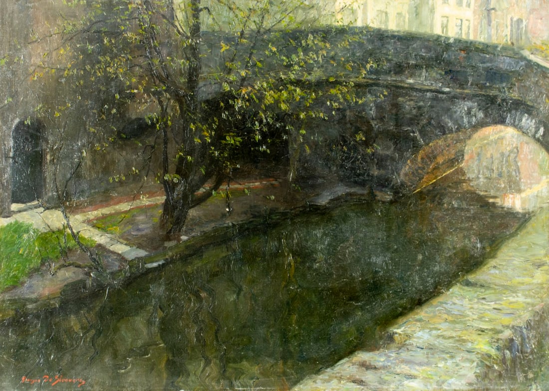 Georges de Sloovere (Belgium,1873-1970) oil painting antique: ARTIST: Georges de Sloovere (Belgian, 1873 - 1970) TITLE: Canal Cityscape with Bridge MEDIUM: oil on canvas CONDITION: Two patches. Few small paint losses. Some scattered mi