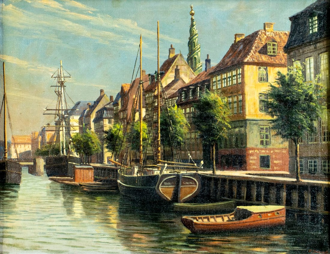 Frederik Svendsen (Denmark,1885-1975) oil painting: ARTIST: Frederik Svendsen (Danish, 1885 - 1975) TITLE: Copenhagen Cityscape, Denmark MEDIUM: oil on canvas CONDITION: Missing a few flakes of paint. Very minor craquelure. N