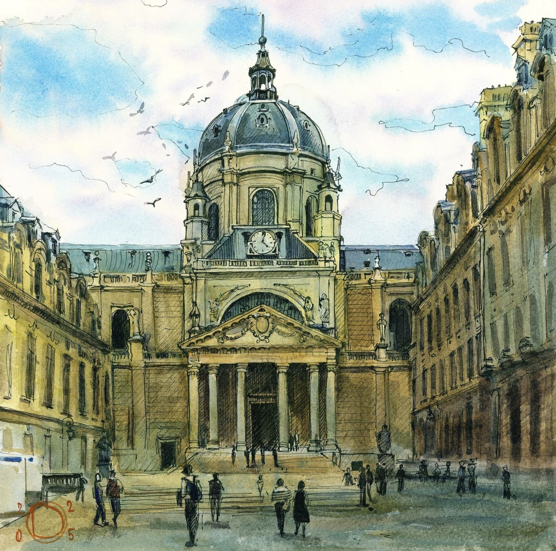 Olena Didenko (Ukraine,20/21C) watercolor painting: ARTIST: Olena Didenko (Ukrainian, 20/21 centuries) TITLE: Cityscape - Sorbonne, Paris, France MEDIUM: watercolor on heavy paper CONDITION: Very good. ART SIZE: