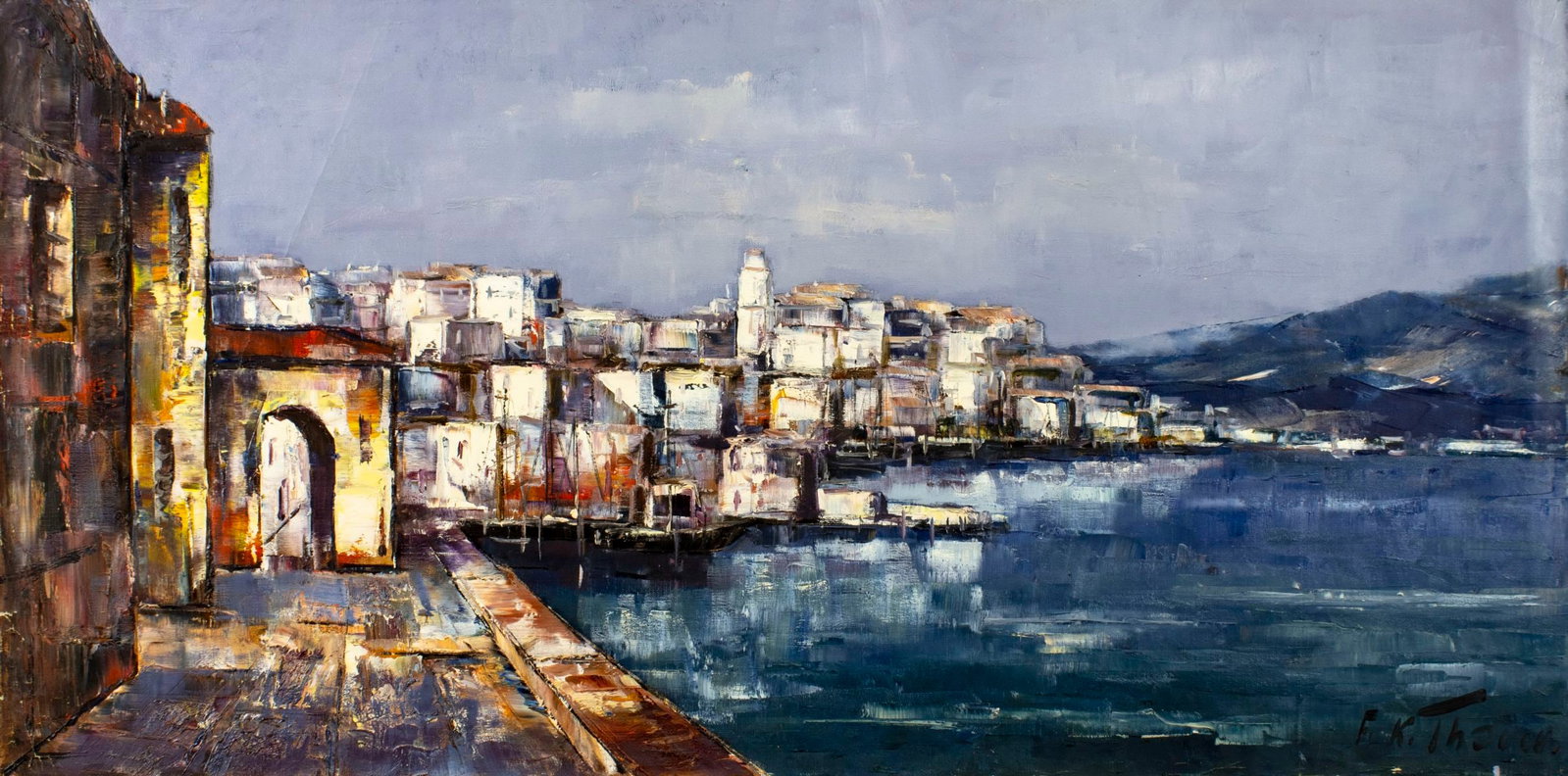 Friedrich Karl Thauer (Germany,1924-2009) oil painting: ARTIST: Friedrich Karl Thauer (Germany, 1924 - 2009) TITLE: Coastal Landscape, San Remo, Italy (titled on verso) MEDIUM: oil on canvas CONDITION: Unstretched (In-House stret