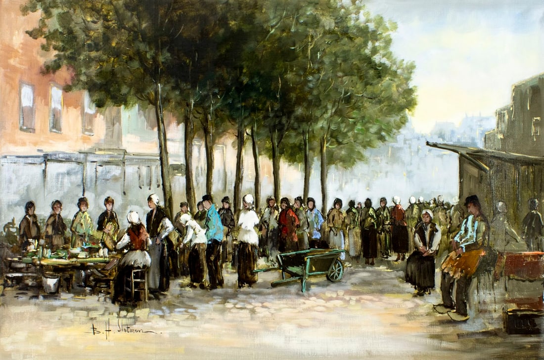 Bernard Slotman (Dutch,1929-?) oil painting: ARTIST: Bernard Hendrik Slotmann (Netherlands, 1929 - ???) TITLE: Market Scene MEDIUM: oil on canvas CONDITION: Unstretched (In-House stretching available) (In-House stretch
