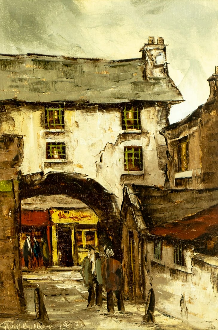 Tom Cullen (Irish,1934-2001) oil painting: ARTIST: Tom Cullen (Ireland, 1934 - 2001) TITLE: Cityscape YEAR: 1983 MEDIUM: oil on canvas CONDITION: Overall good. Framed under glass. Minor damages to