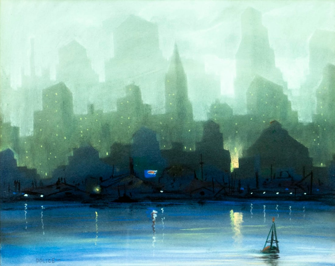 ATTR Leon Dolice (NY,1892-1960) watercolor painting: ARTIST: ATTRIBBUTED TO Leon Louis Dolice (New York, 1892 - 1960) TITLE: New York Cityscape MEDIUM: watercolor on paper CONDITION: Overall good. Framed under glass. Minor dam