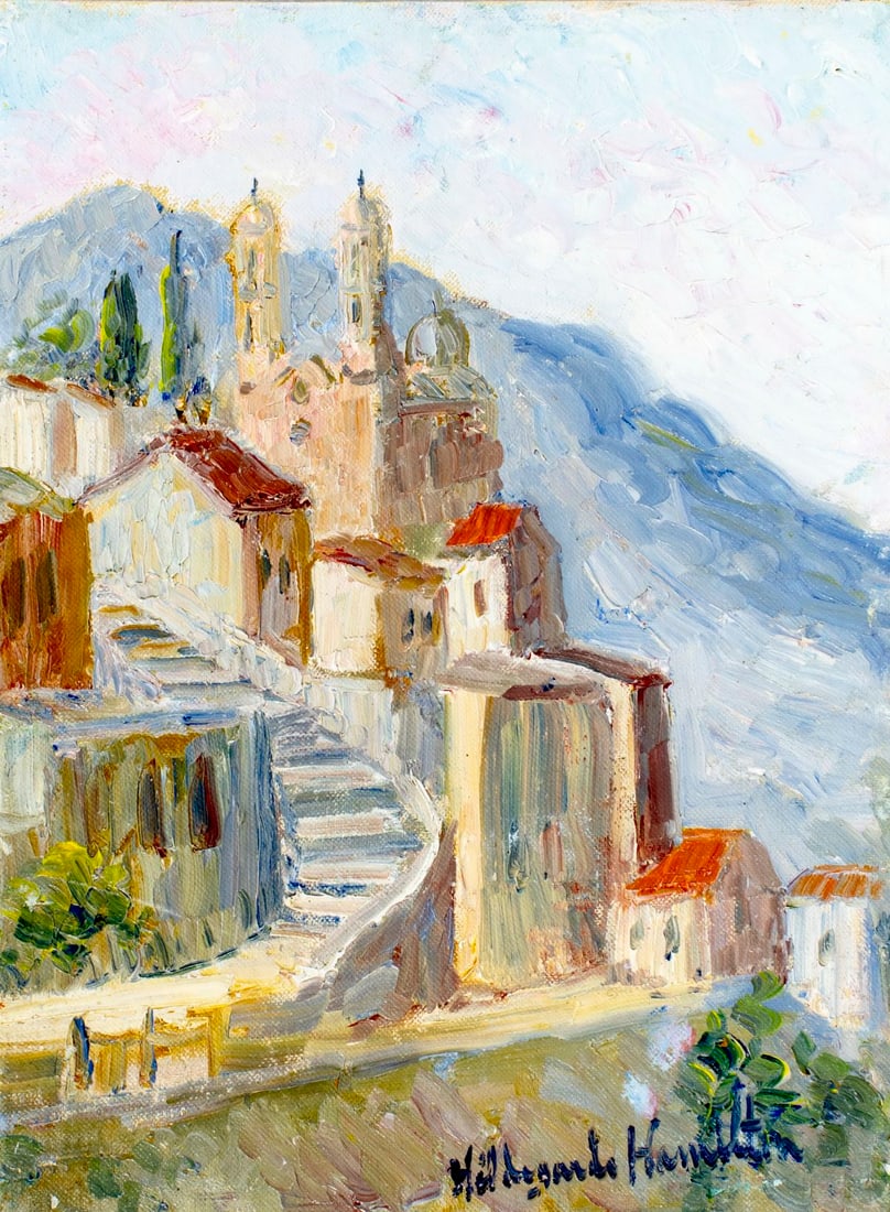 Hildegarde Hamilton (FL,VA,1898-1970) oil painting: ARTIST: Hildegarde Hume Hamilton (Florida, Virginia, 1898 - 1970) TITLE: Mountain Cityscape MEDIUM: oil on canvas board CONDITION: Few minor paint losses. Some scattered sma
