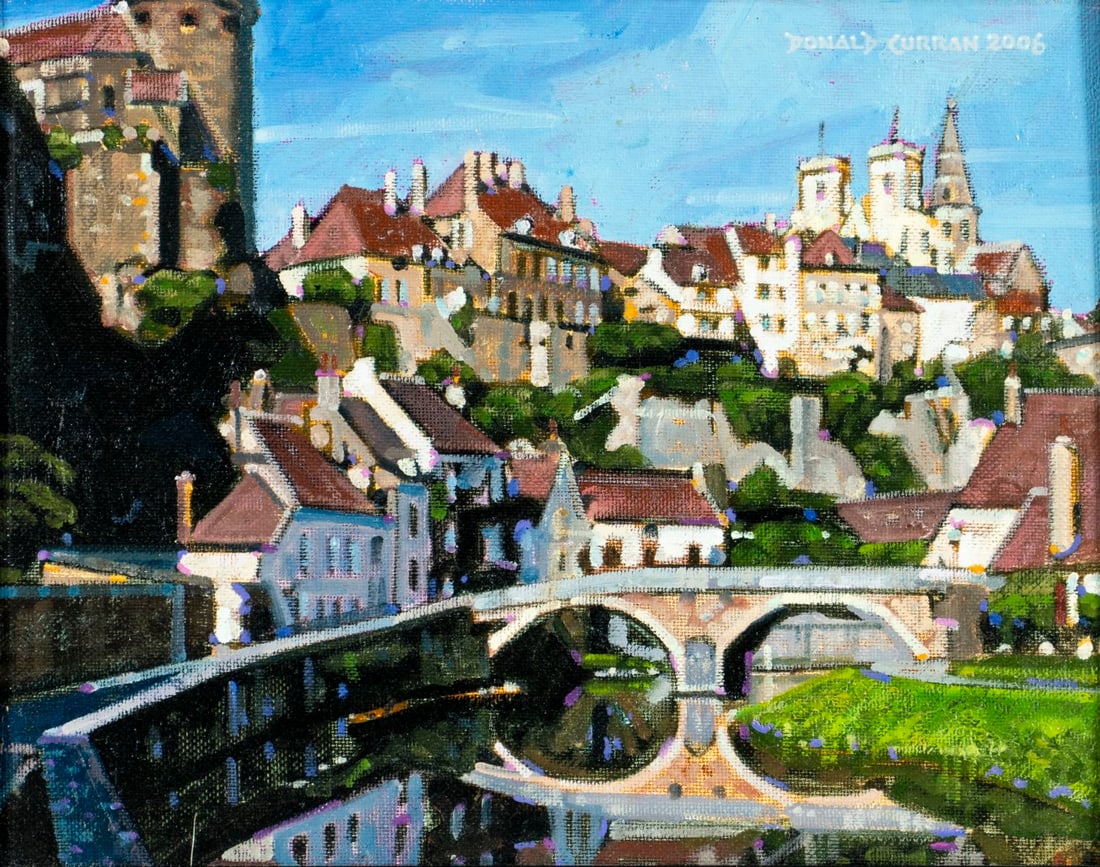 Donald Curran (MO,b 1955) oil painting: ARTIST: Donald Curran (Missouri, born 1955) TITLE: Cityscape - Rope Bridge Carrick A Rede, Ireland MEDIUM: oil on canvas board CONDITION: Overall good. No visible inpaint un