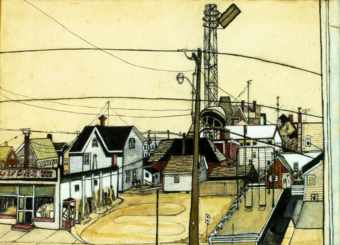 Peggy Gummert (US,mid 20C) watercolor painting: ARTIST: Peggy Gummert (American, mid 20 century) TITLE: Cityscape - Beach Haven (titled on verso) MEDIUM: watercolor on paper CONDITION: Some age toning. Some foxing. Framed