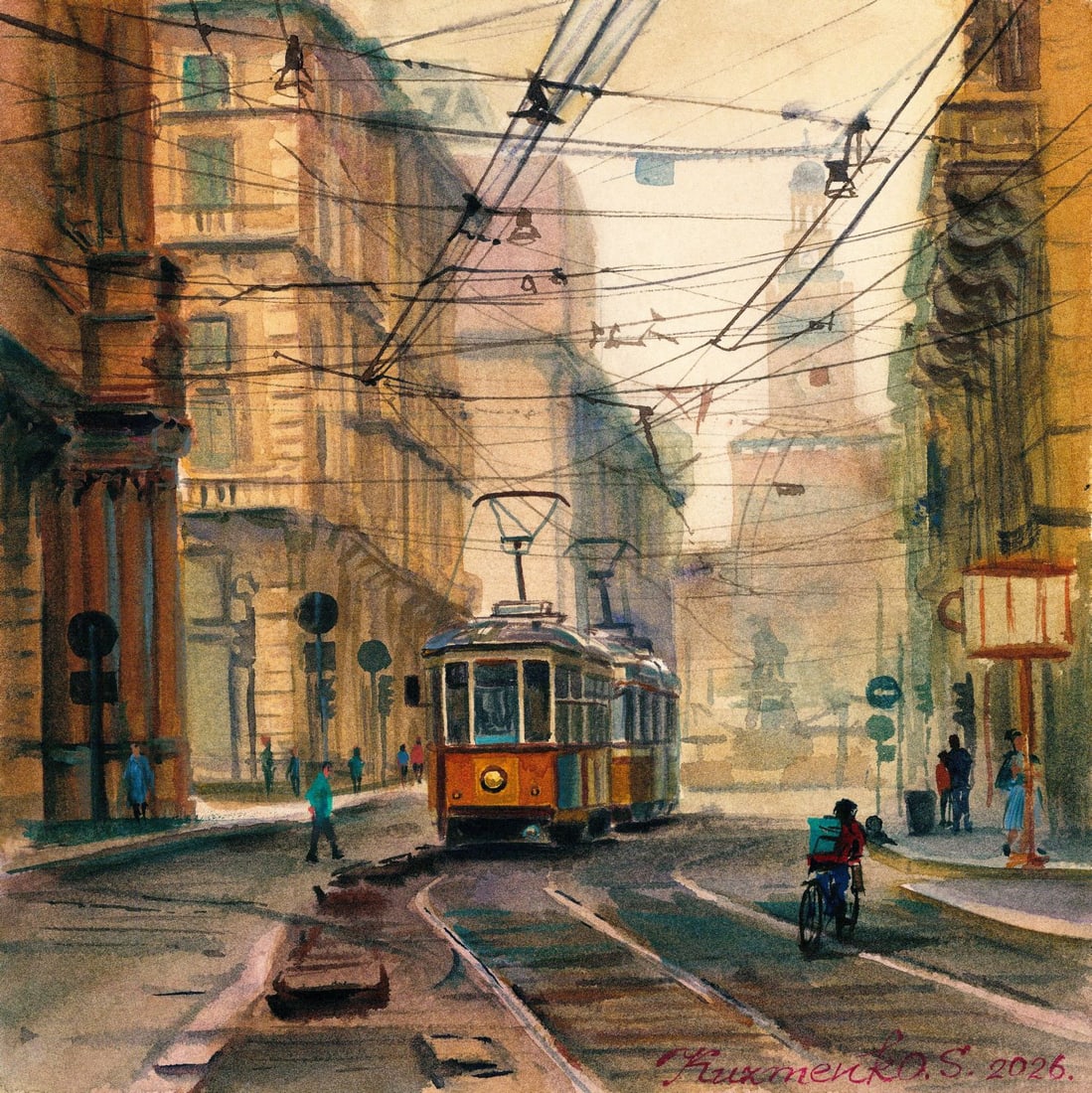 Sofia Kuzmenko (Ukraine,20/21C) watercolor painting: ARTIST: Sofia Kuzmenko (Ukraine, 20/21 centuries) TITLE: Lisbon Cityscape with Tram, Portugal MEDIUM: watercolor on heavy paper CONDITION: Very good. ART SIZE: