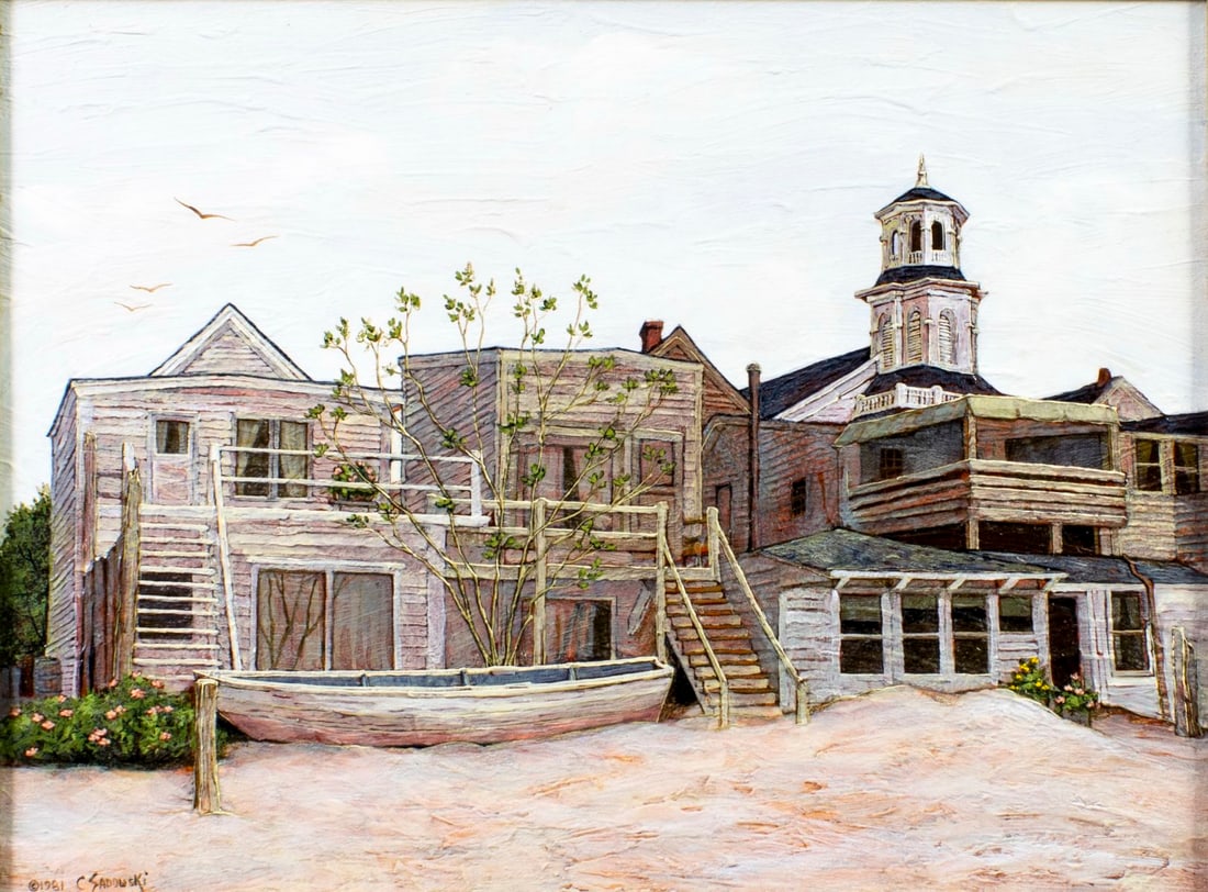 Carol Sadowski (IL,FL,1929-2024) oil painting: ARTIST: Carol Johnson Sadowski (Illinois, Florida, 1929 - 2024) TITLE: Cityscape - Cape Cod, Massachusetts YEAR: 1981 MEDIUM: oil on canvas CONDITION: Ve