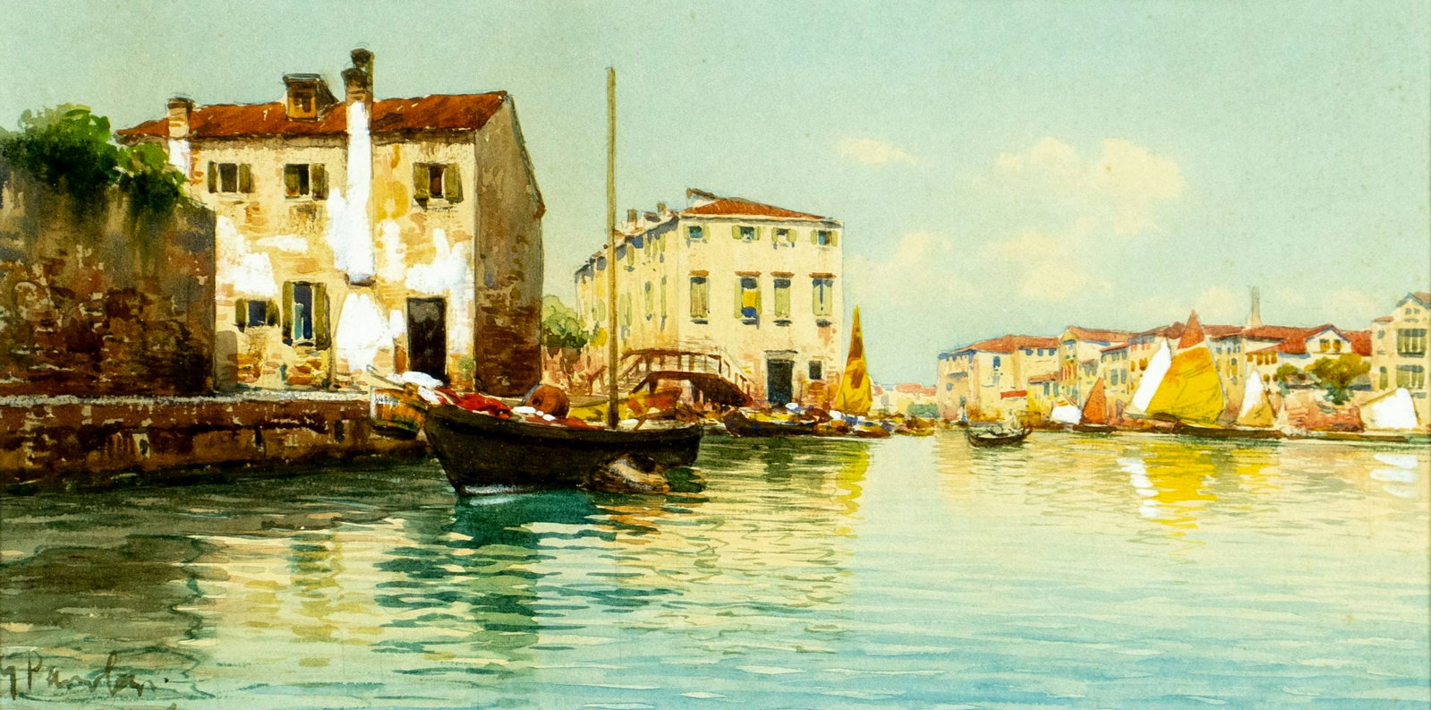 Antique early 20C Italian watercolor painting signed: ARTIST: - (Italy, early 20 century) TITLE: Venice Cityscape MEDIUM: watercolor on paper CONDITION: Minor age toning. Framed under glass. Minor damages to frame. A