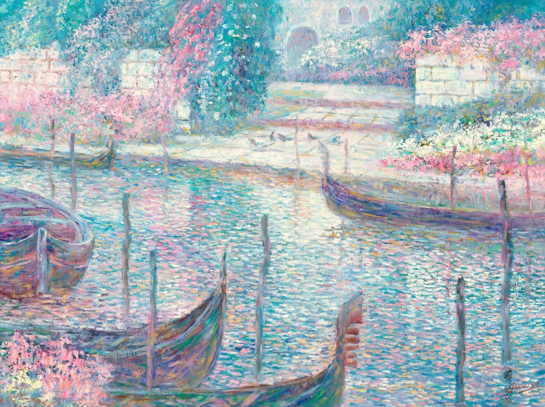 H Jason (Europe,20C) oil painting: ARTIST: H Jason (European, 20 century) TITLE: Canal Cityscape with Gondolas MEDIUM: oil on canvas CONDITION: Unstretched (In-House stretching available). Overall good. No vi
