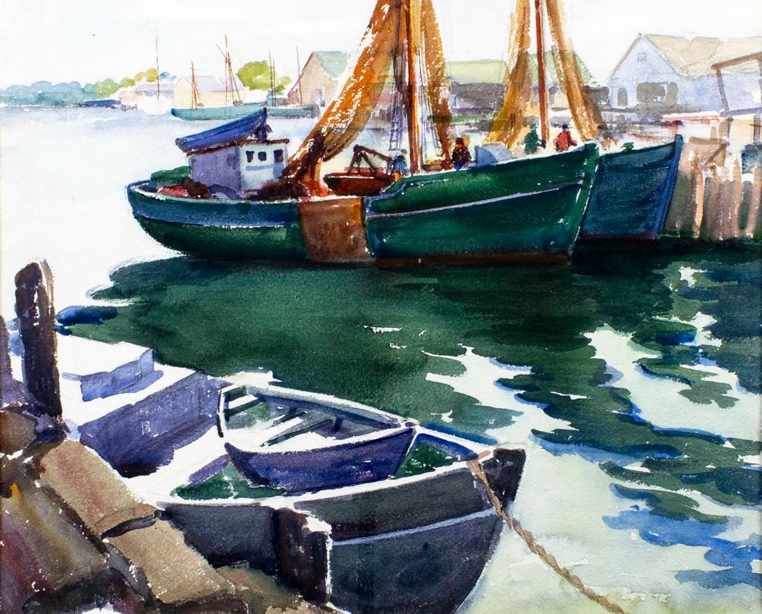 Gordon Kinzie Gould Sr (US,20C) watercolor painting: ARTIST: Gordon Kinzie Gould Sr (American, 20 century) TITLE: Harbor Scene, Gloucester, MA MEDIUM: watercolor on paper CONDITION: Some foxing. Minor age toning. Framed under