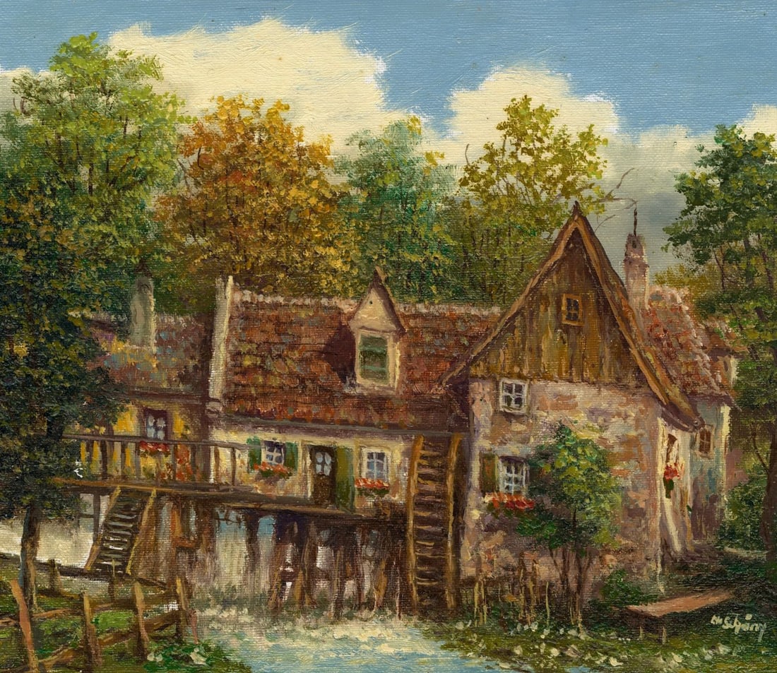 M Schony (German,1913-?) oil painting: ARTIST: M Schony (Germany, 1913 - ???) TITLE: Autumn Village Landscape MEDIUM: oil on canvas CONDITION: Unstretched (In-House stretching available) (In-House stretching avai