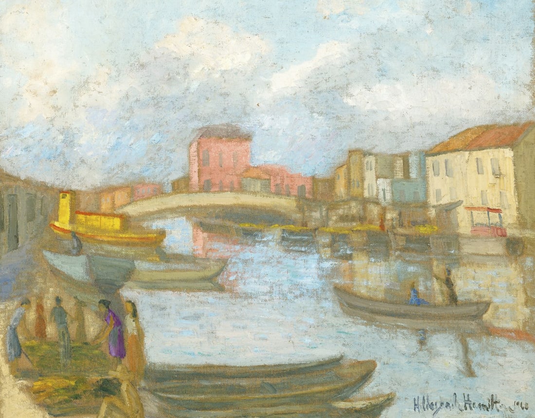 Hildegarde Hamilton (FL,VA,1898-1970) oil painting: ARTIST: Hildegarde Hume Hamilton (Florida, Virginia, 1898 - 1970) TITLE: River Cityscape, Columbia, South America (titled on verso) YEAR: 1960 MEDIUM: oil on canvas