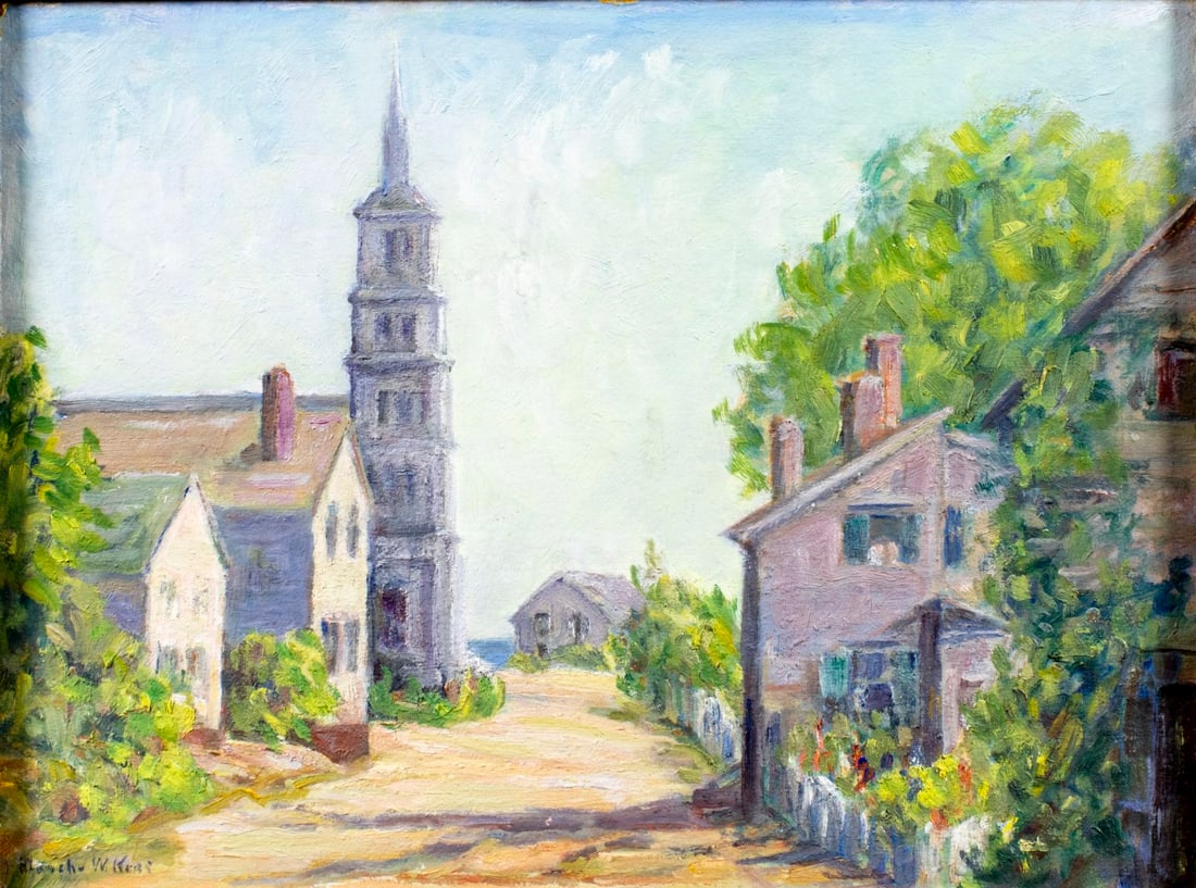 Blanche Kerr (IL,1872-1955) oil painting: ARTIST: Blanche Weyburn Kerr (Illinois, 1872 - 1955) TITLE: Coastal Town Street Scene MEDIUM: oil on board CONDITION: Few minor paint losses. No visible inpaint under UV lig