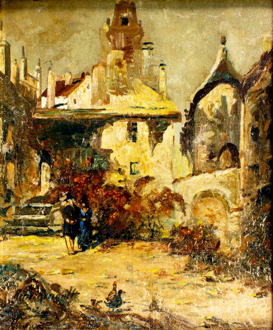 Rene Renault (France,early 20C) oil painting antique: ARTIST: Rene Renault (French, early 20 century) TITLE: European Cityscape with Figures MEDIUM: oil on canvas. Canvas applied to board. CONDITION: Some scratches/paint losses